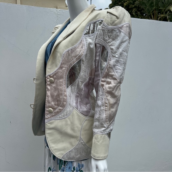 80s Cream & Silver Leather Patchwork Blazer Coat - Picture 3 of 14